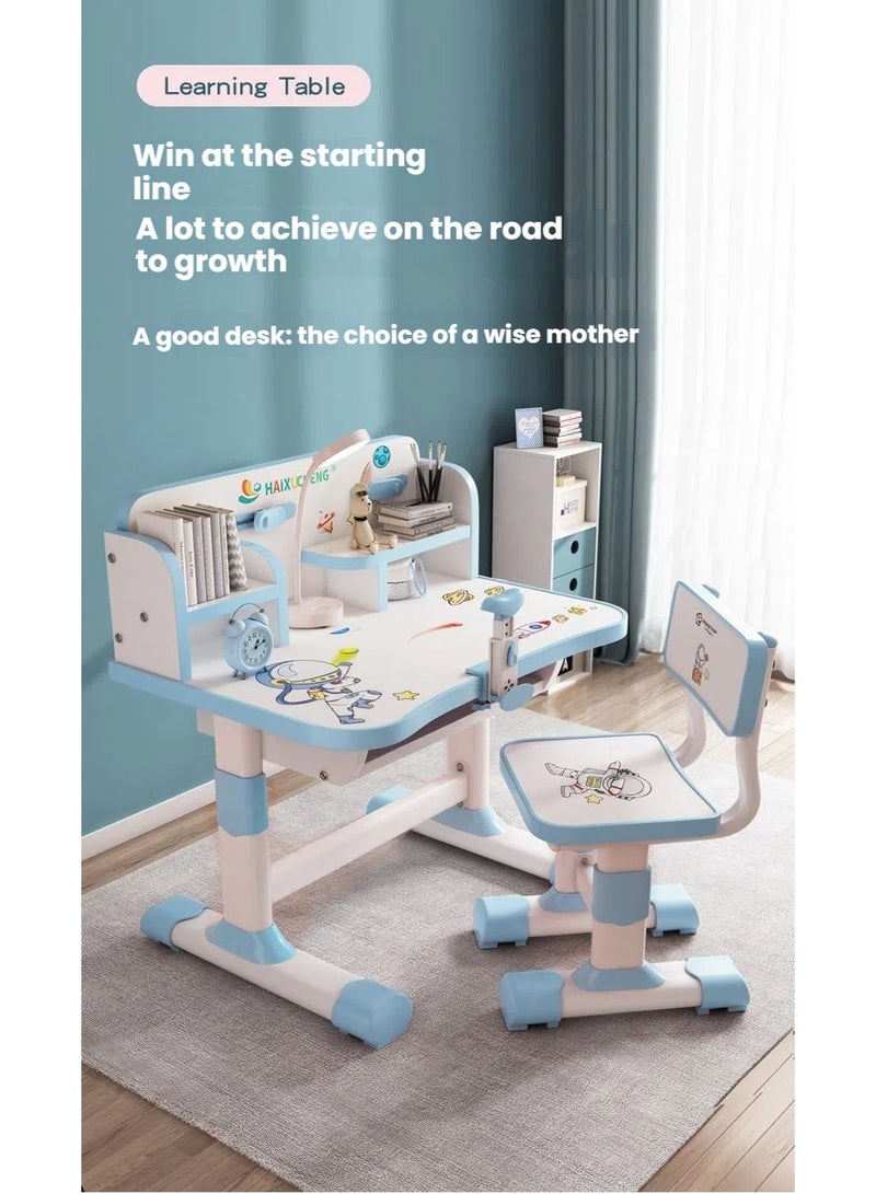 POWER Children's desk and chair set, multi-functional children's reading and learning activity table, ergonomic toddler chair, with storage drawers, bookshelf, and double shelves, suitable for students' writing and learning (sky blue). - Image 2